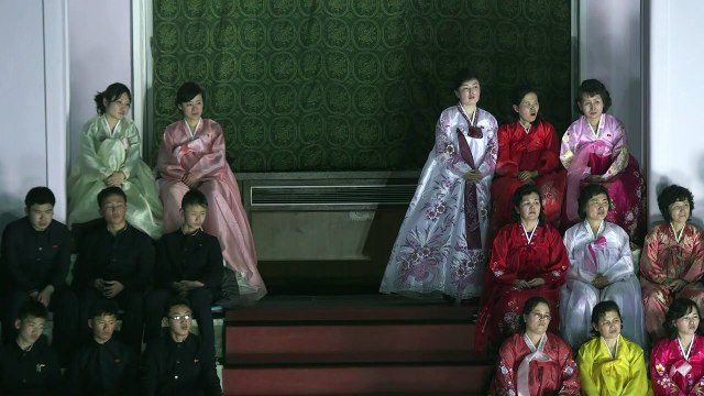 Swimmers perform in synchronized swimming gala in Pyongyang