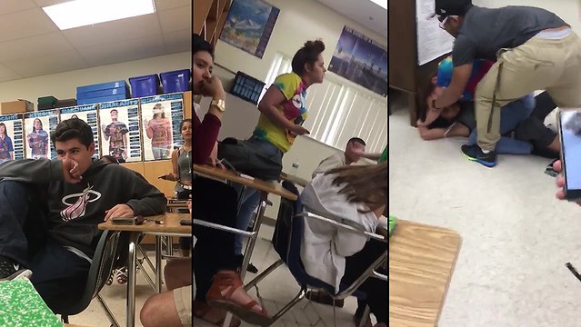 Deux nanas se bagarrent dans leurs salles de cours