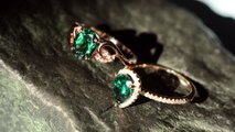 Myraygem:Green emerald bridal ring with diamond,engagement ring,14k rose gold wedding ring,Halo