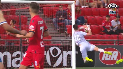 Adelaide United keeper painfully collides with goal post!