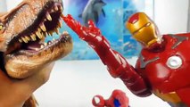 Iron Man and Spiderman Fight against Evil T-Rex Dinosaur Toy Battles Superhero Action Figures