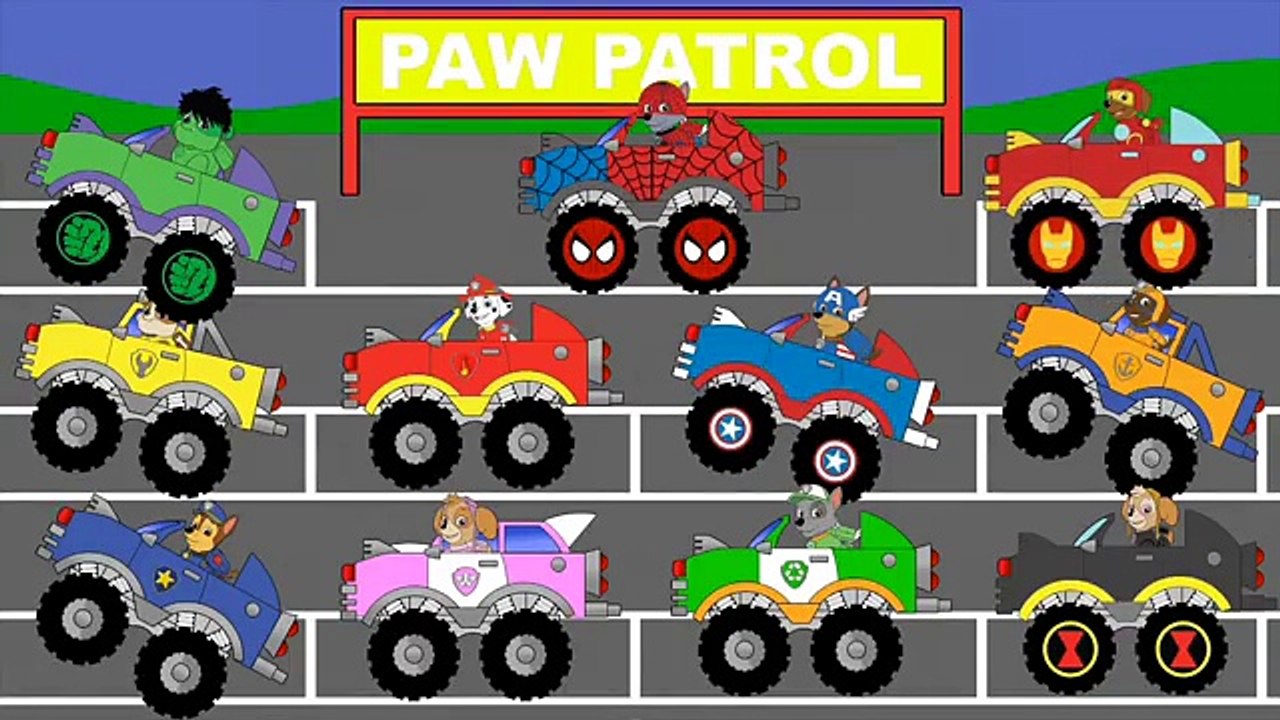 Paw Patrol Super Hero Monster Trucks Zuma Iron Man Chase Captain America Rocky Spiderman #Animation
