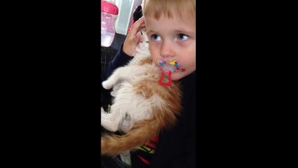 Ce gamin fait un câlin à son chat après son bain !