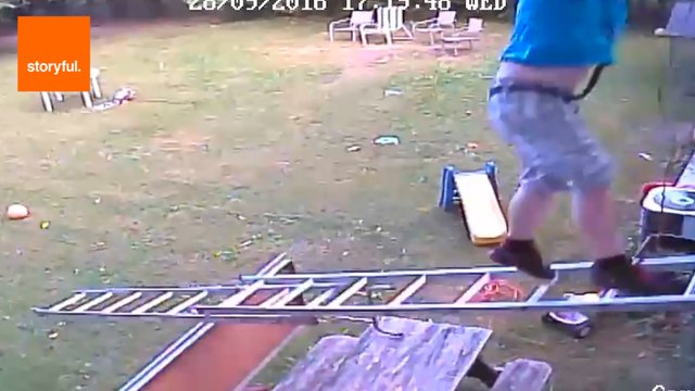 Father Teaches Son How Not to Clean Gutters