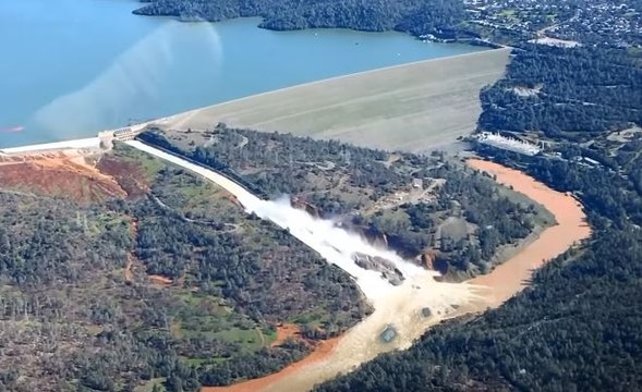 Aerial Video Shows Water Rushing Down Oroville Dam Spillway
