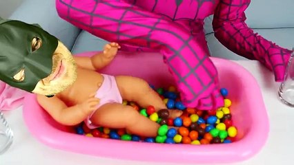 Bad Baby Doll & Spiderman Learn Colors Bath Time with Poop & Play Doh Videos for Kids