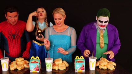 Frozen Elsa & Spiderman McDONALD'S CHALLENGE! w_ Joker Maleficent Princess Anna Toys! Superhero Fun-1lbP