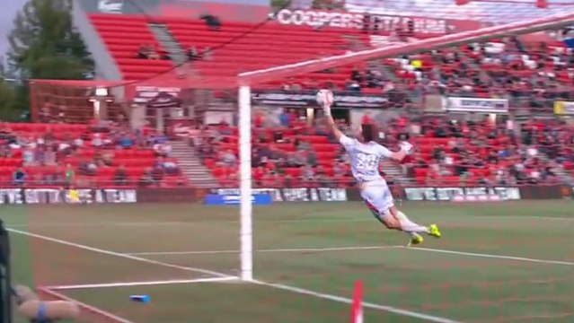 Ce gardien heurte très violemment le poteau de sa cage en sauvant un but