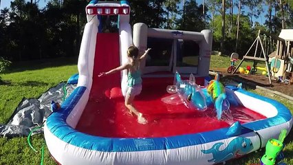 HUGE INFLATABLE SHARK WATERSLIDE & OUTDOOR BOUNCER BallPit Frozen Beach Ball, Sharks Toys & Slide!