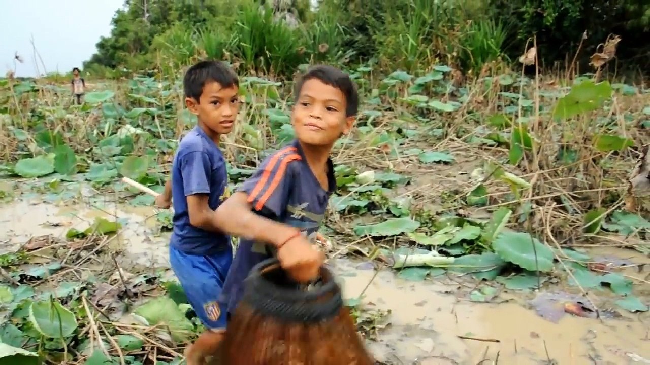 Amazing Two Children Catch Fish in the Pond-- - Net Fishing In Cambodia - Catch a Cook