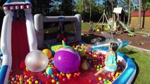 HUGE EGGS SURPRISE TOYS EGG HUNT on Inflatable Water Slide Disney Cars Toys Frozen Doll In
