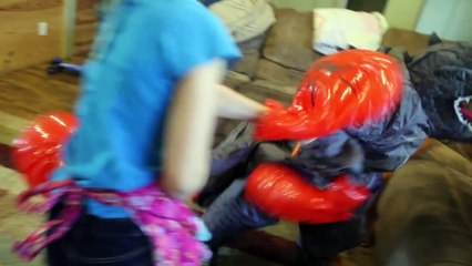 Bad Baby Godzilla Monster GIANT BOXING GLOVES vs Cleaning Lady Comics Hope and Noah SuperHero Kids