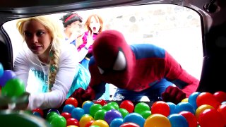 Frozen Elsa & Spiderman BALL PIT CAR PRANK! w  Princess Anna Joker Maleficent Real Life Superheroes