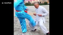 Chinese kung fu masters show off their “balls of steel”