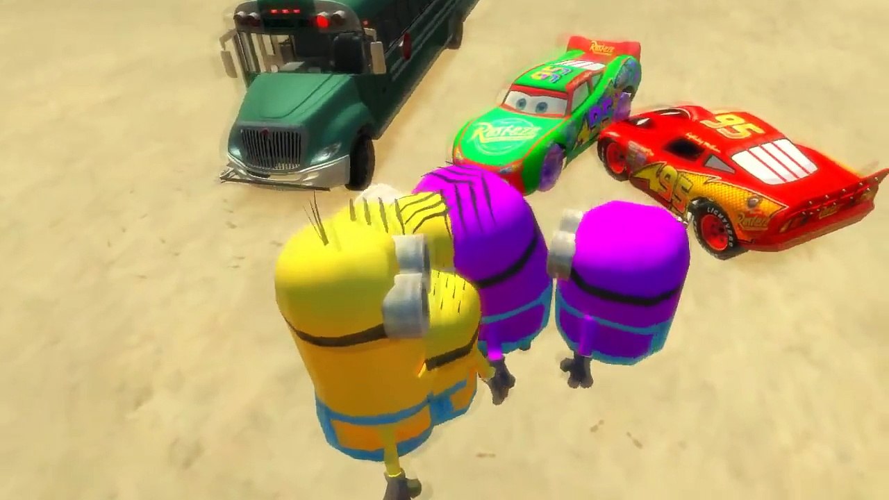 DISNEY PIXAR CARTOON MINIONS COLORS DANCE VS CARTOON SCHOOL BUS COLORS - CHILDRENS CARTOON