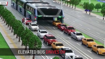 China new elevated bus drives over traffic