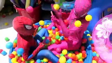Spiderman vs Joker vs Pink Spidergirl - Ice Cream Party! w/ Ball Pit Frozen Elsa! - Fun Superheroes