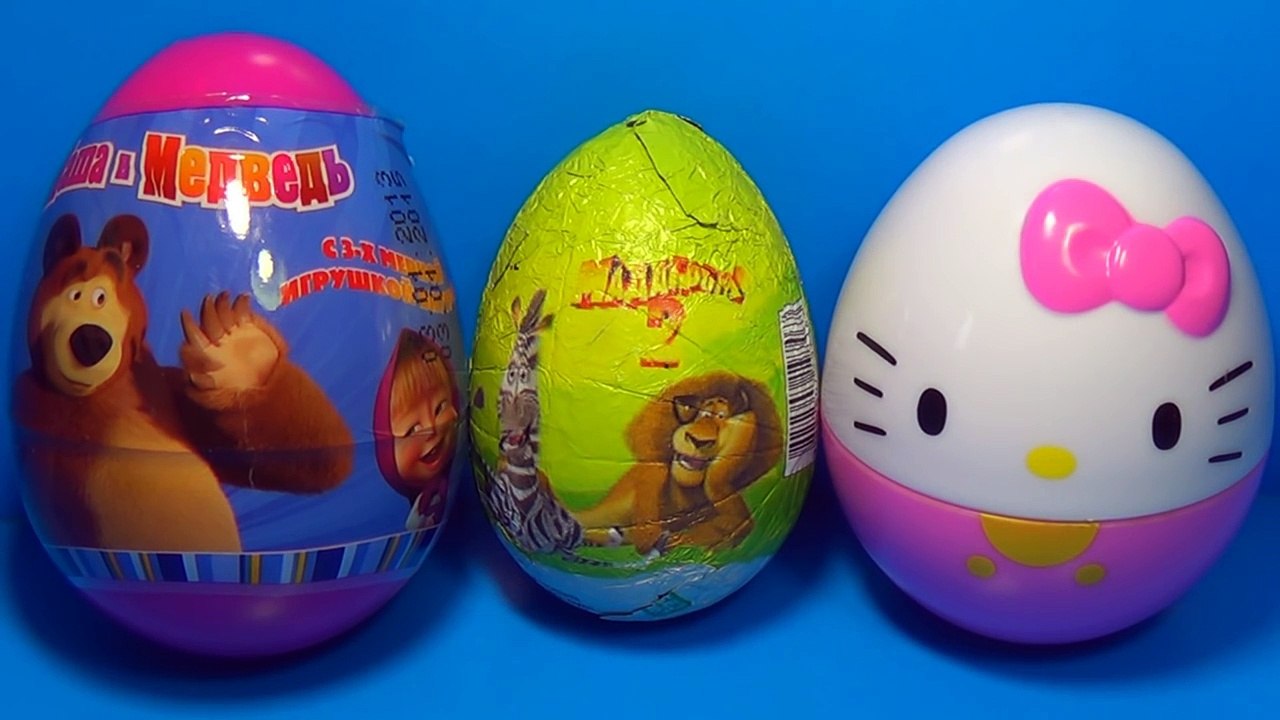 3 Surprise Eggs HELLO KITTY Маша и Медведь and Madagascar with sportcar toy!