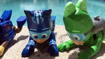 PJ Masks Gekko Swimming at Pool Party Chases Romeo with Catboy Save Paw Patrol Superhero Funny Story
