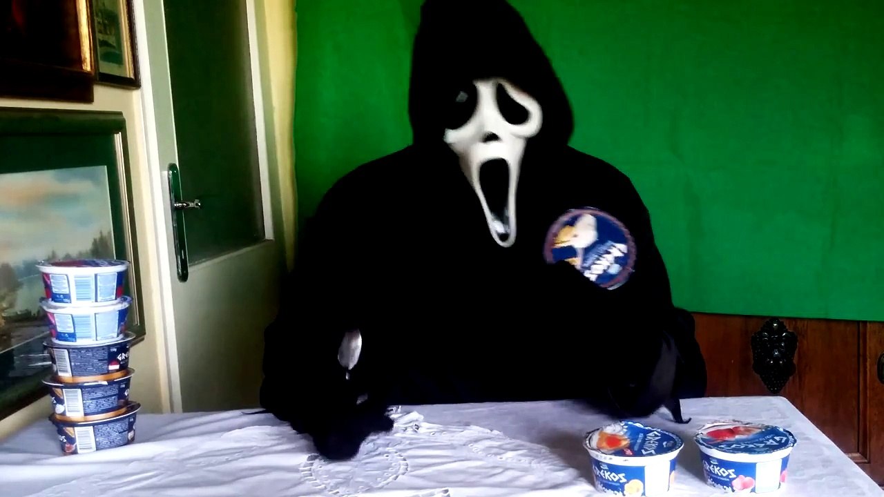 Ghostface tasting all kinds of Grekos fruit yogurt