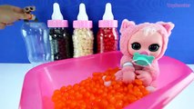 BABY DOLL BATHTIME! Learn Colors w/ Rainbow Jelly Bean Milk Bottle Surprise Toys