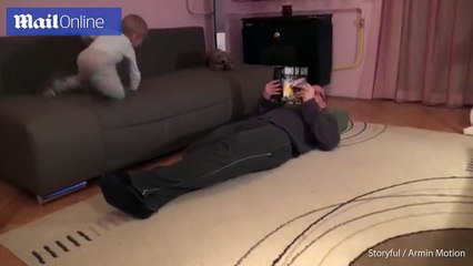 Child leaves his dad in tears after he jumps on him