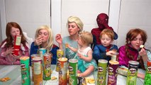 Funny Pringles Challenge with Frozen Elsa and Spiderman and Disney Princesses Joker Hot Sa