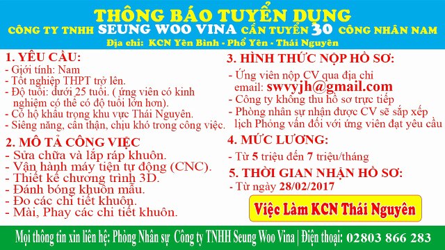 Công ty TNHH Seung Woo Vina tuyển dụng nhiều vị trí tháng 3 năm 2017