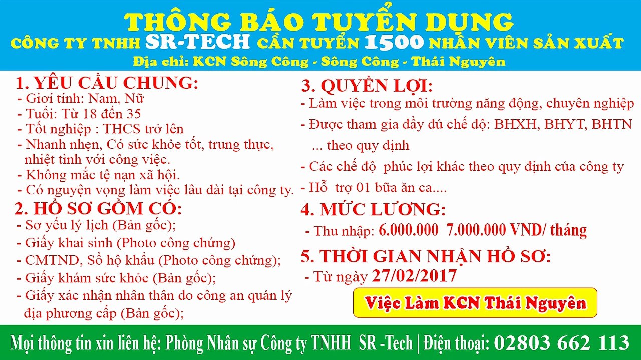 Công ty TNHH SR Tech tuyển dụng gấp 1500 Nhân viên sản xuất 2017