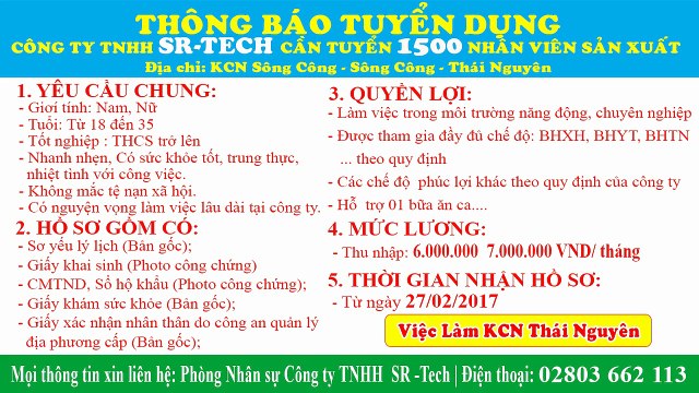 Công ty TNHH SR Tech tuyển dụng gấp 1500 Nhân viên sản xuất 2017