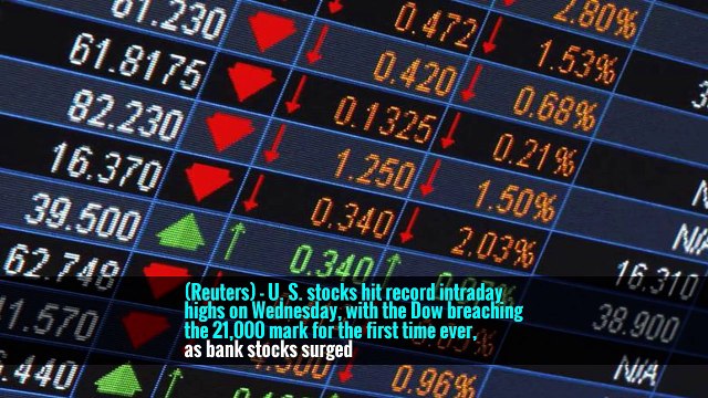 (Reuters) - U. S. stocks hit record intraday highs on Wednesday, with the Dow breaching the 21,000 mark for the first time ever, as bank stocks surged