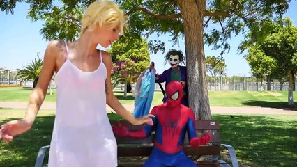 Frozen Elsa loses her Dress w/ Spiderman! Maleficent & Joker try steal Princess Shoes Gift