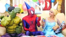 BABY ELSA Birthday Party!! Disney Princesses and Frozen Elsa w/ Spiderman vs Balloons & Gi