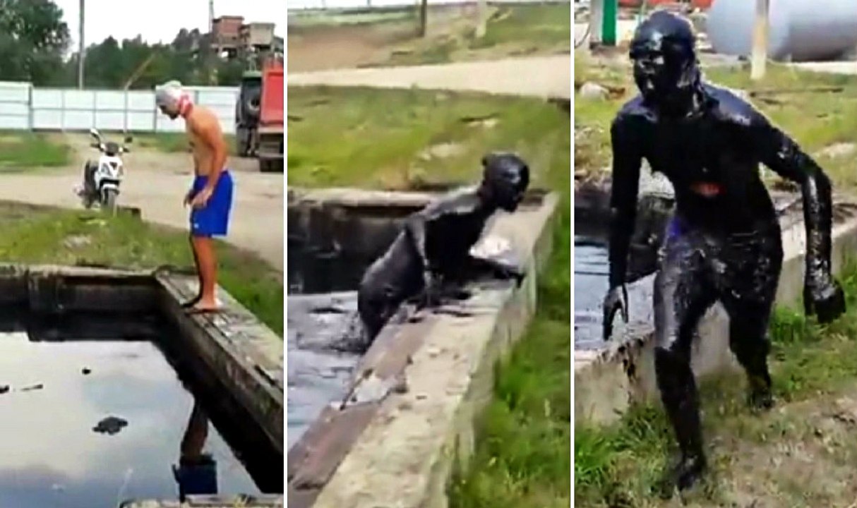 Crazy Russian Man Jumps Into A Pool Of Motor Oil