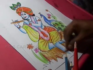 How to Draw Lord Krishna with Peacock Color Drawing