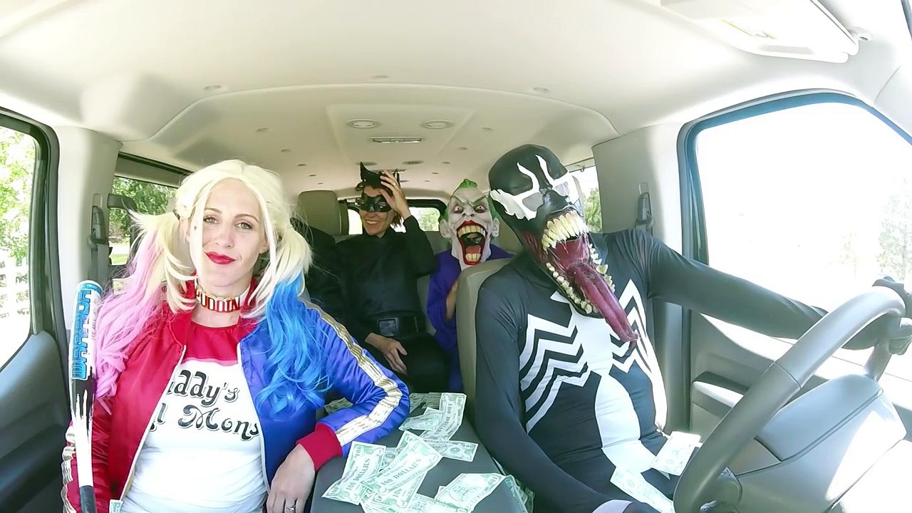 Superheroes vs villains dancing in a car!!! Superhero car dance w/ Harley quinn venom male