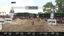 2017 MXGP of Indonesia MX2 race 1 Jeremy Seewer passes Pauls Jonass