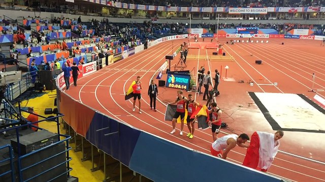 Les Belgian Tornados à l'arrivée de leur finale aux championnats d'Europe d'athlétisme indoor