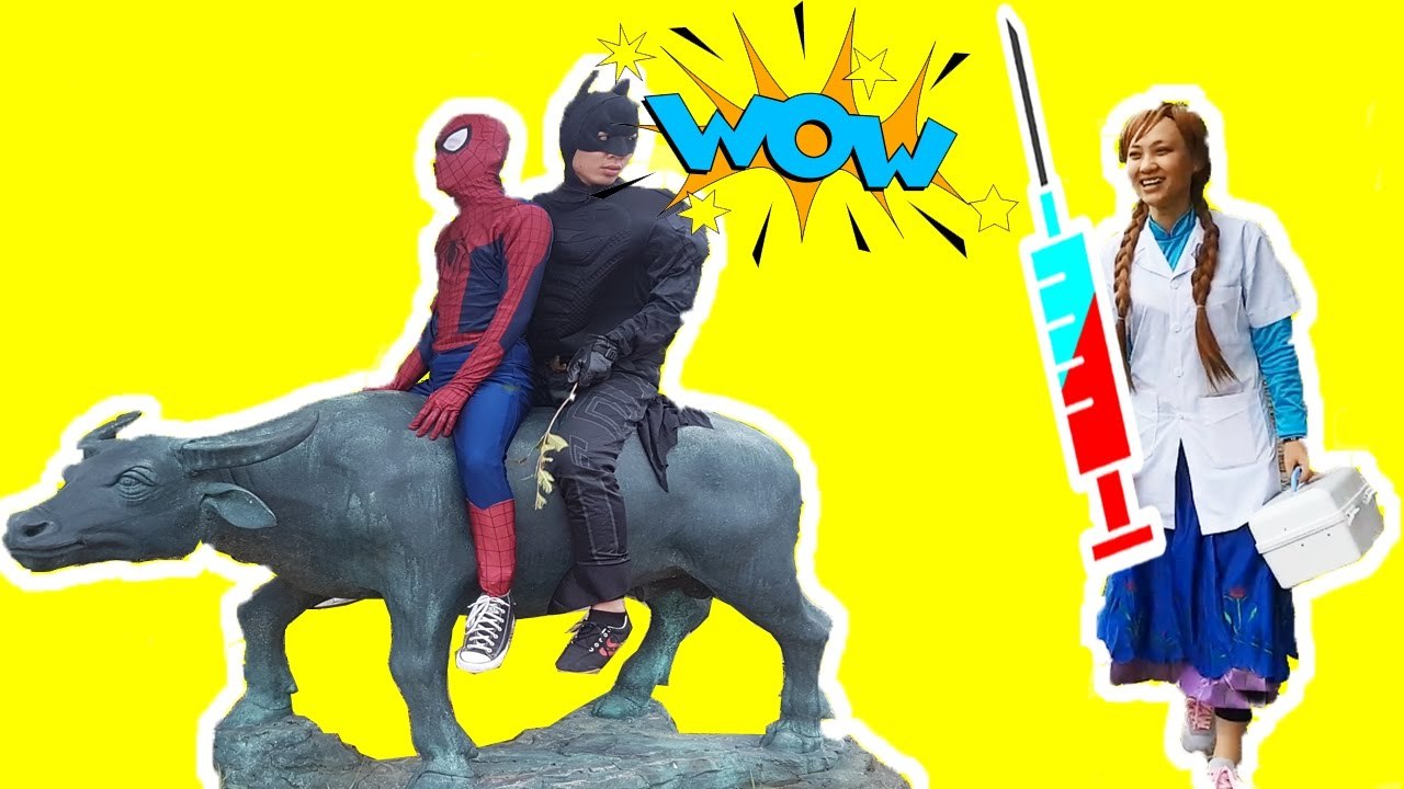 Spiderman, Batman and Deadpool riding buffalo ✦ Anna Princess is Doctor Inject Deadpool