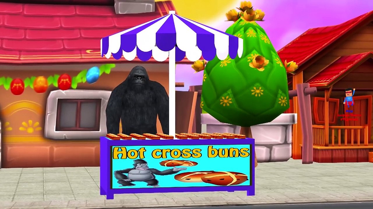 Dinosaurs, King Kong And Godzilla Cartoons Singing Hot Cross Buns Children Nursery Rhymes