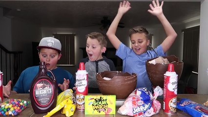 Chocolate Surprise Egg Giant Ice Cream Sundae Challenge! Kids Eat Real Food - Candy Challenges!-QsEbid4Pn4A