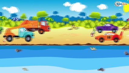 Car Cartoons for children. Truck & Racing Cars vs Monster Truck. Cars and Trucks on the beach