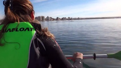En kayak ils se retrouvent sur le dos d'une baleine à bosse