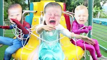 Everybody Tied Up!! w/Baby Elsa, Baby Spidergirl, Baby Spiderman & Baby Iron Man vs Joker