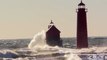 High Waves Lash Lighthouse on Lake Michigan