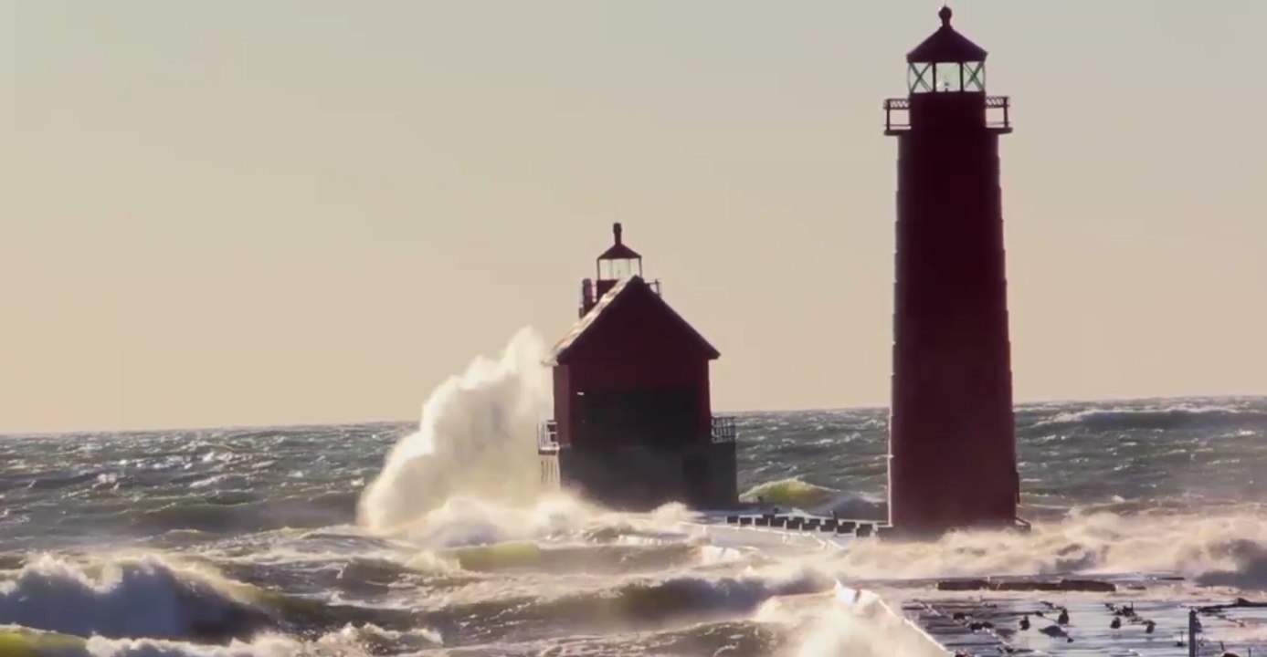 High Waves Lash Lighthouse on Lake Michigan