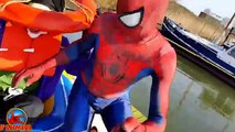 SPIDERMAN Ship w Bad Joker Pirate Frozen Elsa Spiderbaby Hulk Boat Superhero Video in Real