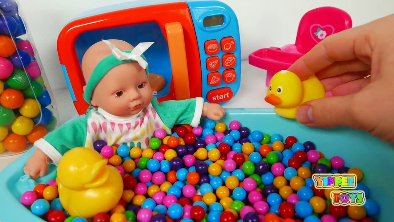 Baby Doll and Microwave Playset Feeding Time and Candy Bath Time Learn Colors for Children