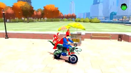 SUPERMAN YELLOW SPIDERMAN & IRONMAN EPIC DINOSAUR MOTORBIKE PARTY have Fun Nursery Rhymes KIDS Songs