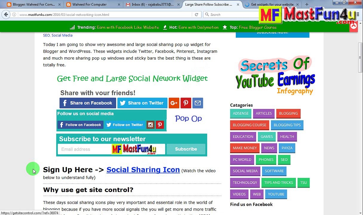 Large Subscribe Share Follow Live Chat Promotion and Popup Widget For Blogger